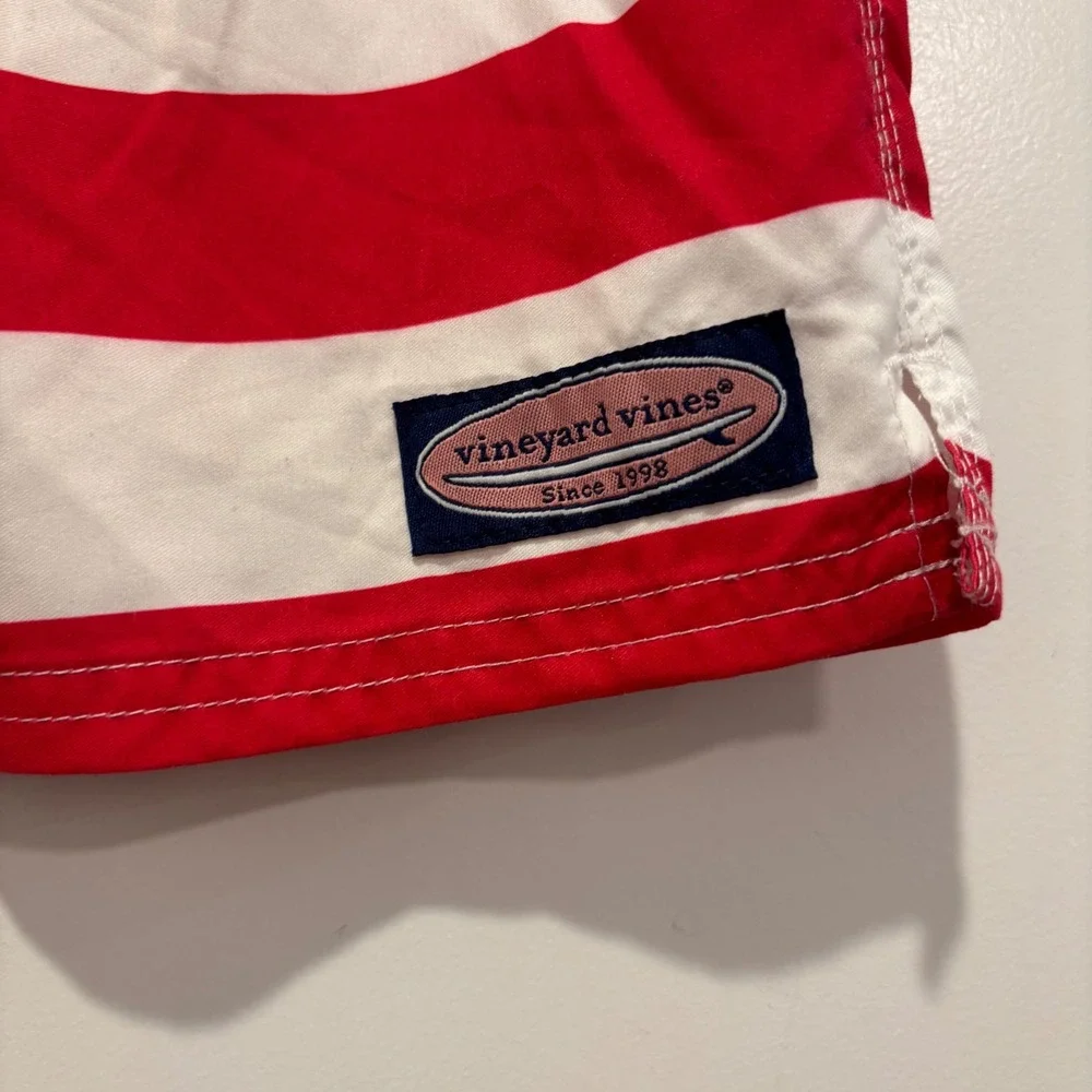 Vineyard Vines Boys XL 18 Swim Trunks American Flag Whale Red White Blue Shorts